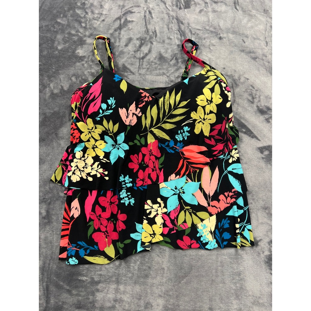 Aqua Green Tankini Top Womens XL Black Tropical Floral Tiered Ruffle